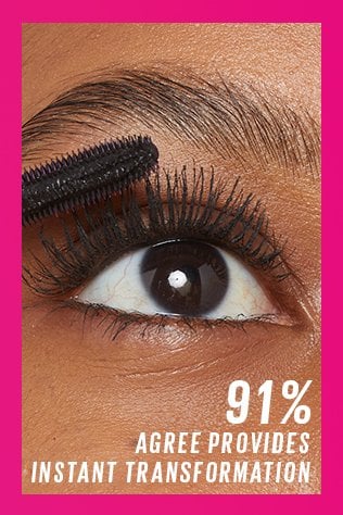 Close-up of lashes applying Maybelline Lash Sensational Firework Washable mascara with text: 91% agree instant transformation