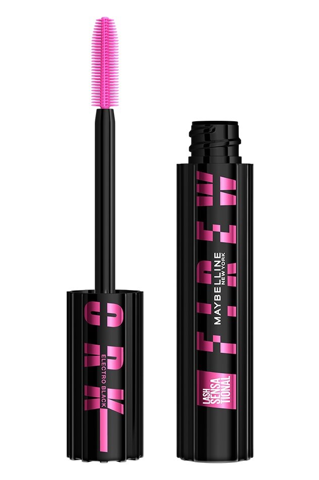 Open packshot of Maybelline Lash Sensational Firework mascara Electro Black edition with pink SuperSpark brush.