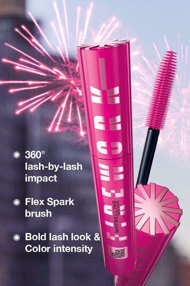 Maybelline Lash Sensational Firework mascara with fireworks backdrop and claims: lash lift, SuperSpark brush, Pro-Vitamin B5.