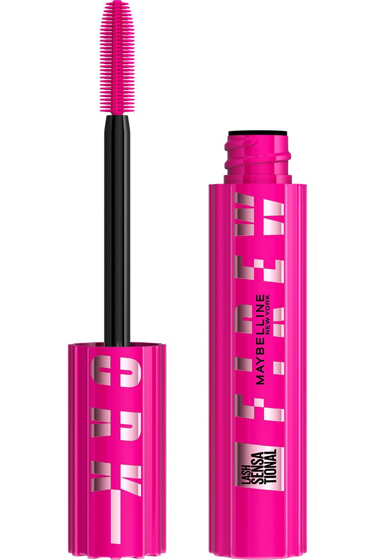Open packshot of Maybelline Lash Sensational Firework Washable Mascara in pink tube with SuperSpark brush.