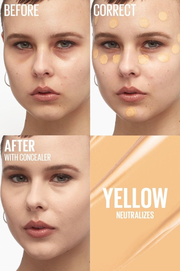 Before, Correct, After images of model wearing Color Correcting Concealer in shade Yellow neutralizes