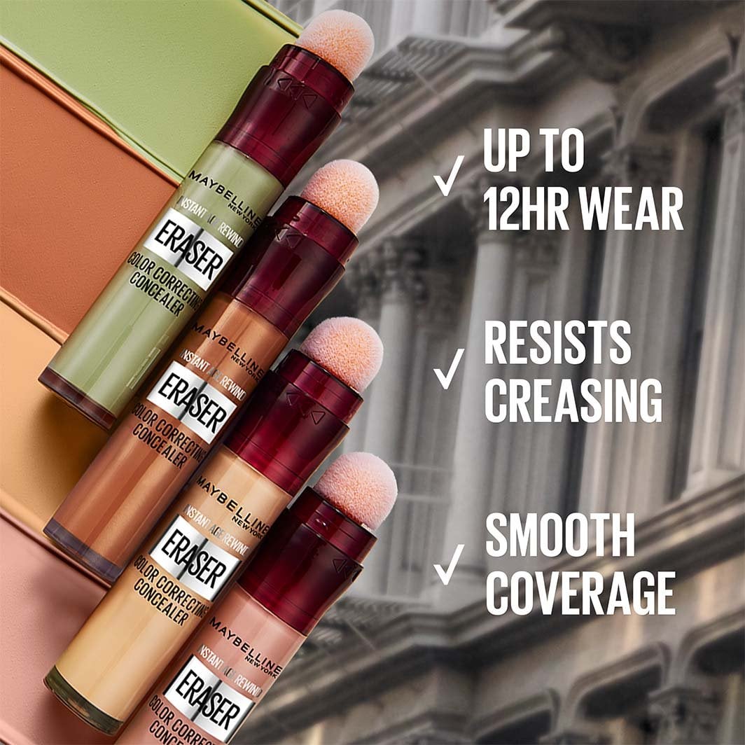 Graphic of Instant Age Rewind Color Correctors with text: Up to 12HR Wear. Resists Creasing. Smooth Coverage